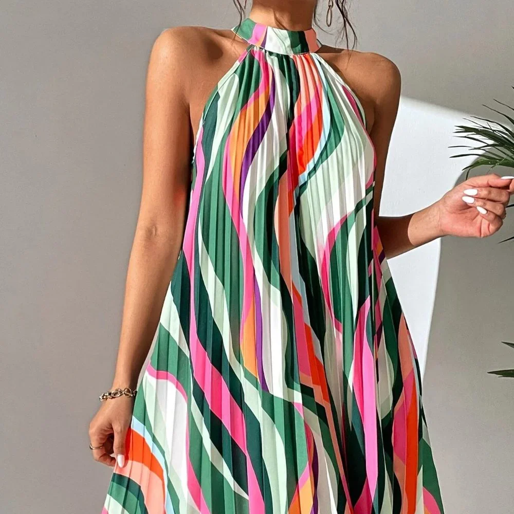 Multicolor Preppy Womens Allover Print Pleated Halter Dress - Picture 4 of 5